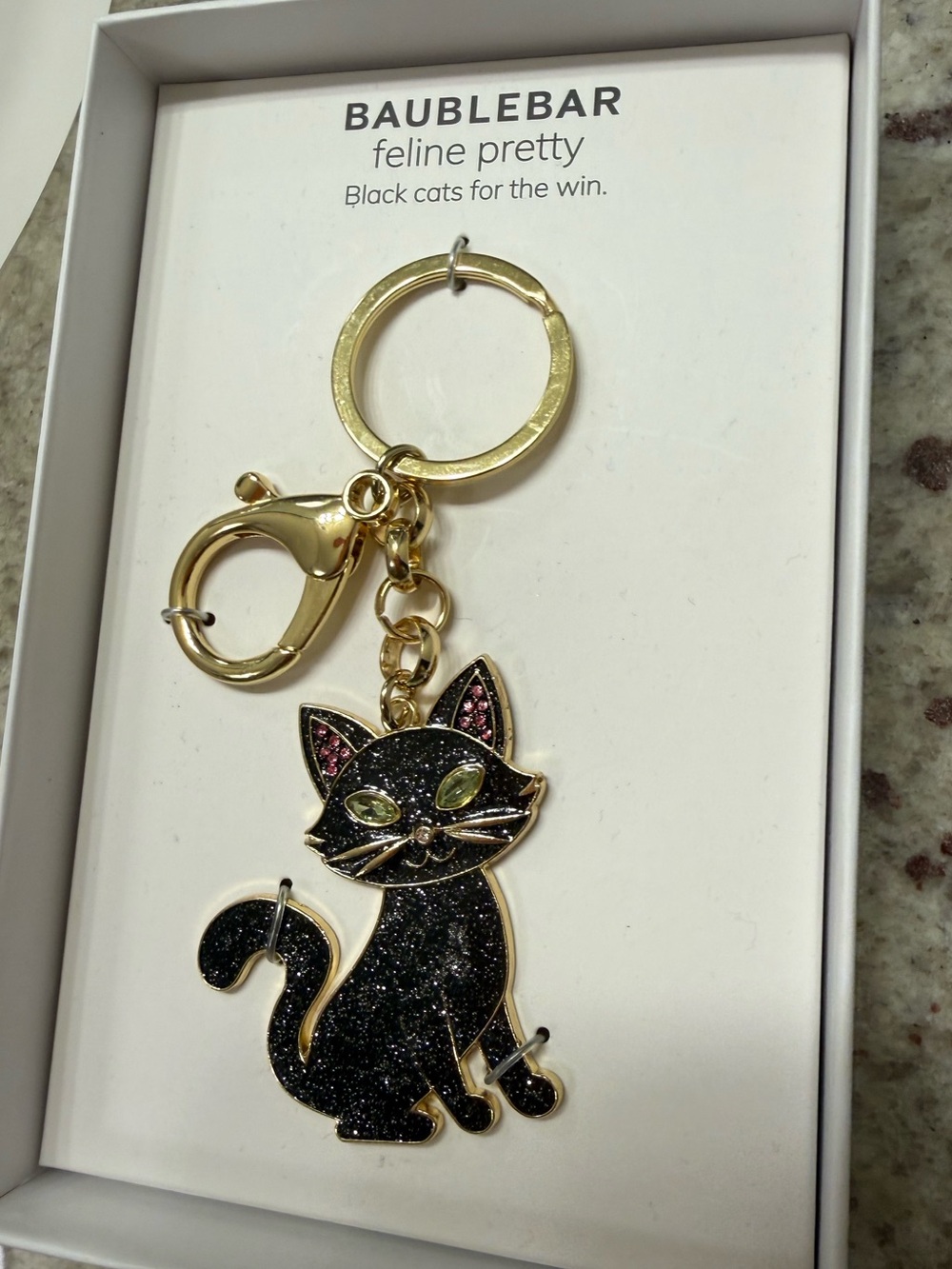 BaubleBar Black Glitter Cat Keyring with Gold Hardware